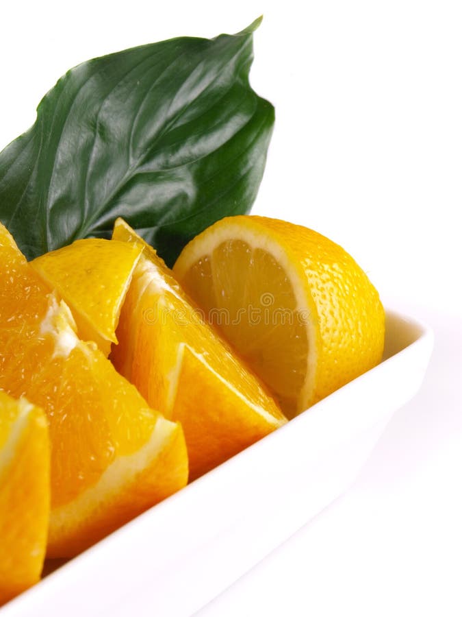 Oranges, lemon, leaf