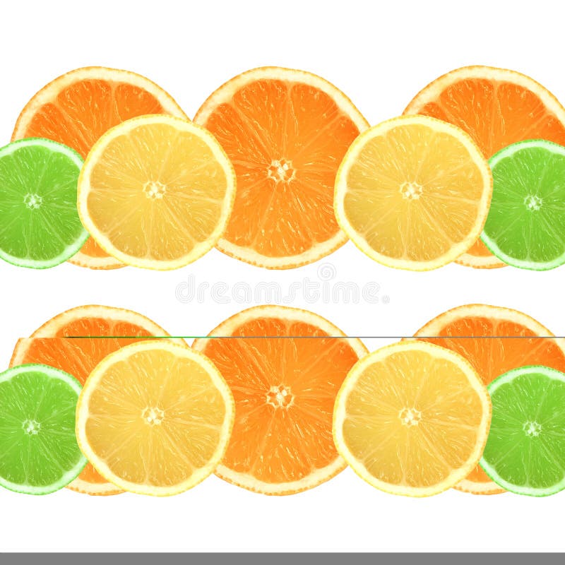 Lemon, lime and orange citrus fruit slices in two horizontal lines, set against a white background. Lemon, lime and orange citrus fruit slices in two horizontal lines, set against a white background.