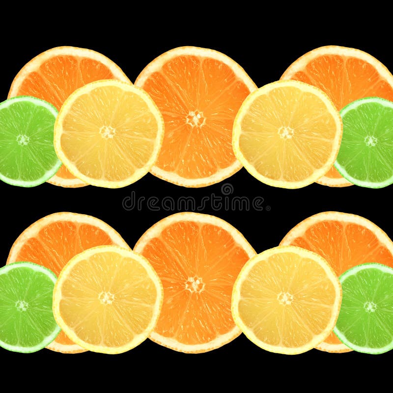 Lemon, lime and orange citrus fruit slices in two lines over black background. Lemon, lime and orange citrus fruit slices in two lines over black background.