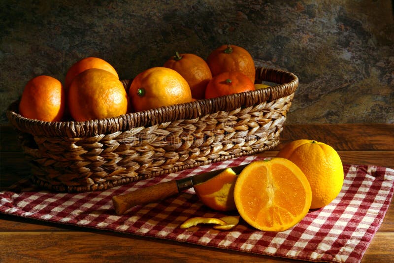 Oranges in Rustic Basket in Vintage Still Life