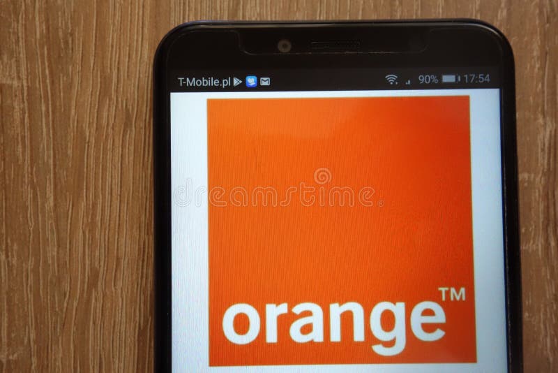 Oranje embleem dat op een moderne smartphone wordt getoond royalty-vrije stock foto Oranje embleem dat op een moderne smartphone wordt getoond royalty-vrije stock foto