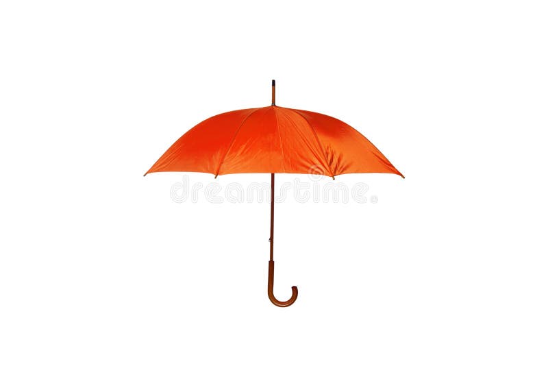 Orange Umbrella with Wooden Curved Handle Center on White Background. Orange Umbrella with Wooden Curved Handle Center on White Background