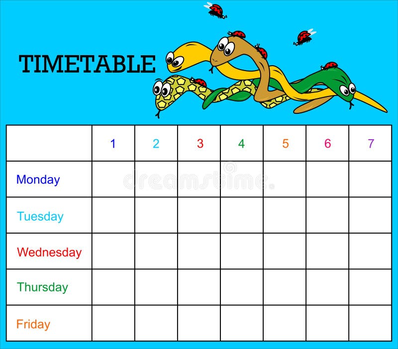 Timetable for pupils with a picture of snakes and ladybugs. Timetable for pupils with a picture of snakes and ladybugs.