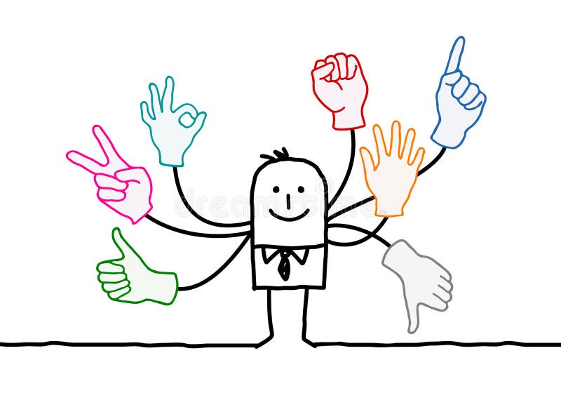 Orateur de bande dessinée avec les signes multi de mains illustration stock Orateur de bande dessinée avec les signes multi de mains illustration stock