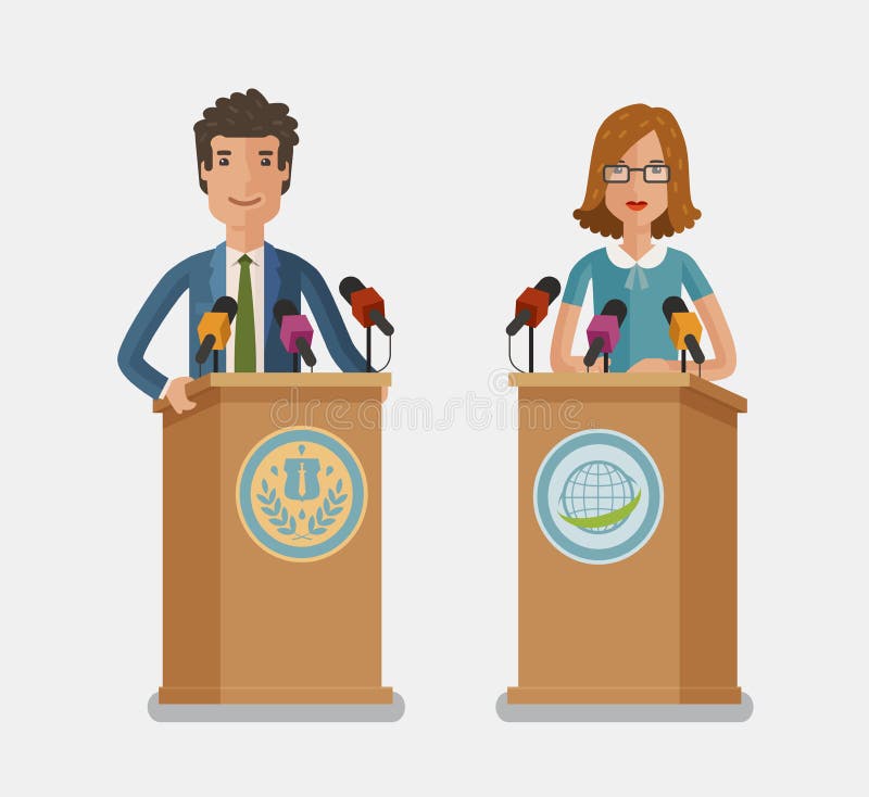 Orator speaking from tribune, podium. Press conference, interview concept. Vector flat illustration. Conference podium vectors