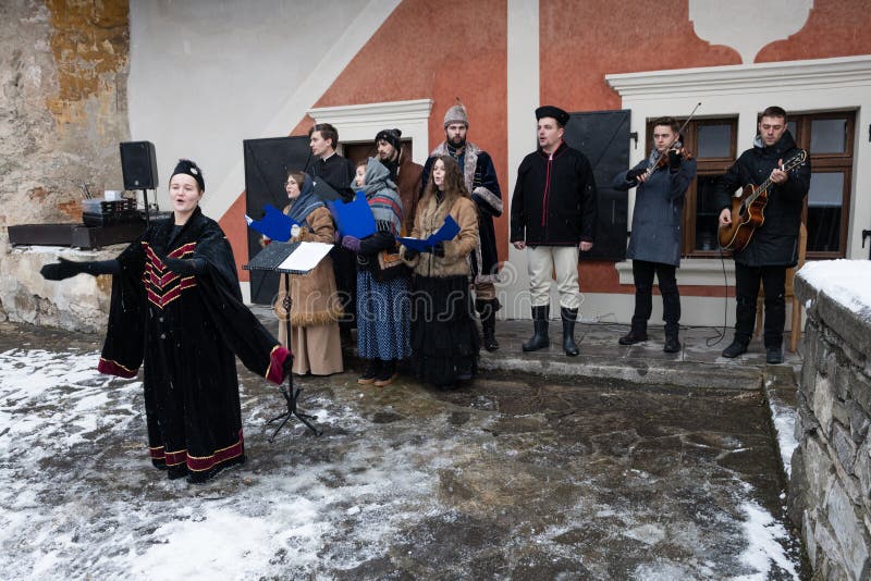 Local theater group perform on courtyard of Orava Castle in winter, Oravsky Podzamok, Slovakia royalty free stock image Local theater group perform on courtyard of Orava Castle in winter, Oravsky Podzamok, Slovakia royalty free stock image