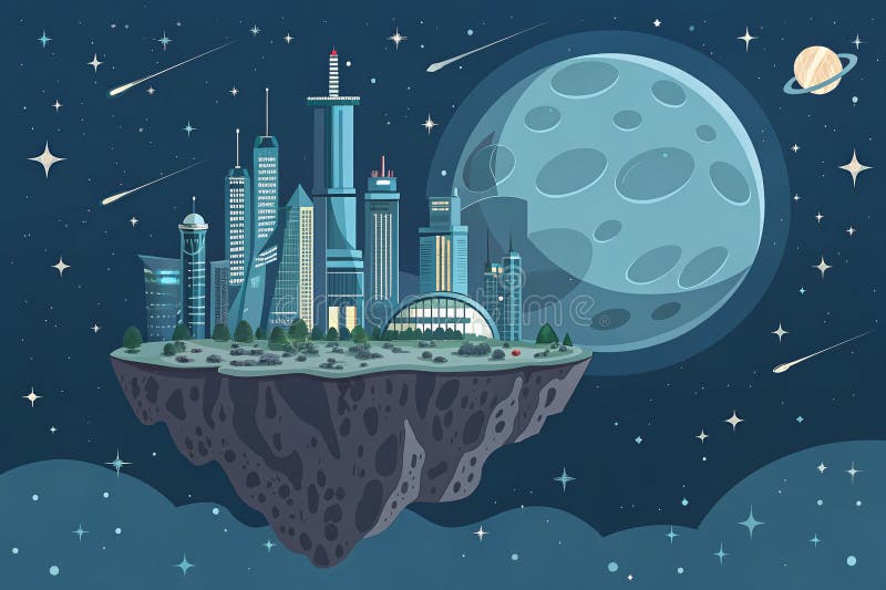 Oraș futurist plutitor în spațiu, cu o lună mare și stele de fundal vector illustration