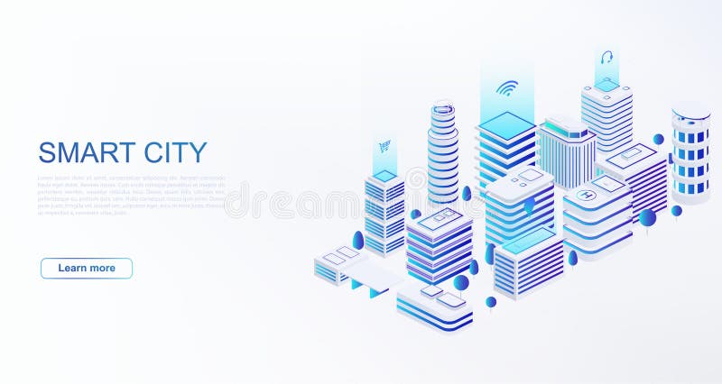 Oraș inteligent cu clădiri inteligente conectate la rețeaua de calculatoare. concept de automatizare a clădirilor stock illustration
