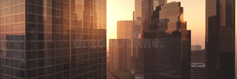 Oraș la apus zgârie-nori la apus oraș modern la răsărit în ceață stock illustration