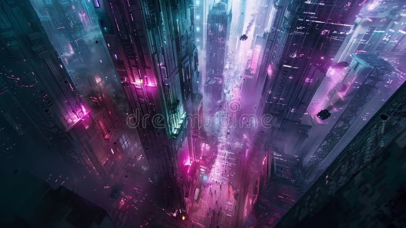 Oraș surreal mindscape futurist cu culori neon și efecte strălucitoare într-un spațiu întunecat stock illustration
