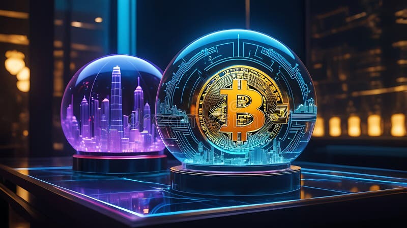 Orașe Futuriste Încapsulate În Globuri Iluminate Care Prezintă Bitcoin royalty free illustration