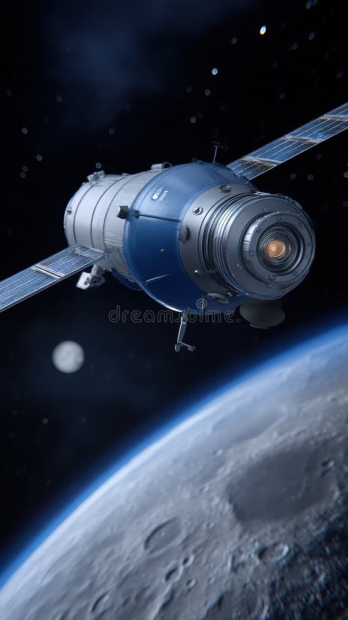 Orbital space station module with solar panels near a cratered planet in deep space, science and technology concept. stock images