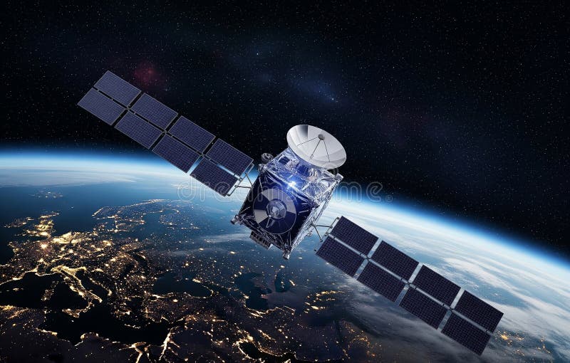 Orbiting Satellite Over Earth at Night with Solar Panels and Antenna. Cargo spaceship on orbit of the Earth planet. Dark space. Elements of this image furnished by NASA. 3D VFX graphics of satellite attacking another satellite with laser weapon in space on Earth planet orbit. Nuclear war and armed aggression. Escalation of geopolitical rivalry and arms race in cosmos. A high-tech satellite equipped with solar panels and a communication antenna orbits the Earth, capturing a stunning view of the planet below. The image showcases the illuminated cities and oceans against the dark expanse of space, highlighting themes of technology, exploration, and global connectivity. This visually striking scene is perfect for use in aerospace industry promotions, educational materials, or as a backdrop for content related to space exploration and innovation. Generative Ai. satellite, technology, science, earth, global, communication, astronomy, galaxy, connection, outer space, cosmos, exploration, orbit, star, universe, astronaut, planet earth, spaceship, global communications, space, planet, system, night, sun, sky, environment, futuristic, innovation, networking, progress, solar, orbiting, station, datum, globalization, international, internet, moon, navigation, panel, research, shuttle, abstract, business, module, spacecraft, blue, atmosphere, cargo, concepts, discovery, engineering, flight, freedom, future, glowing, japan, mission, nebula, outer, render, sharing, ship, social media, speed, transportation, agency, downloading, milky way, natural disaster, radio, rocket, telescope, computer graphic, convenience, light, mars, new, sunlight, radar, canada, celestial, cloud computing, connectivity, creation, deep, distant, dusk, efficiency, flare, flying, globe, horizon, imagination, infinity, laboratory, large, listening, machinery, map, military, monitoring, mystery, perspective, position, ray, remote, searching, shiny, signal, sphere, spy, steel, stunning, sunbeam, surveillance, survey, telephone, three-dimensional, usa, war, watching, way, weather, wireless, world map, broadcasting, copy space, distance, express, frequency, galactic, gravity, insight, jupiter, looking, meteor, microwave, mirror, motion, paranormal, revolution, star shape, telecom, tower, army, battery, craft, industry. Graphics way stock images, royalty-free photos and pictures