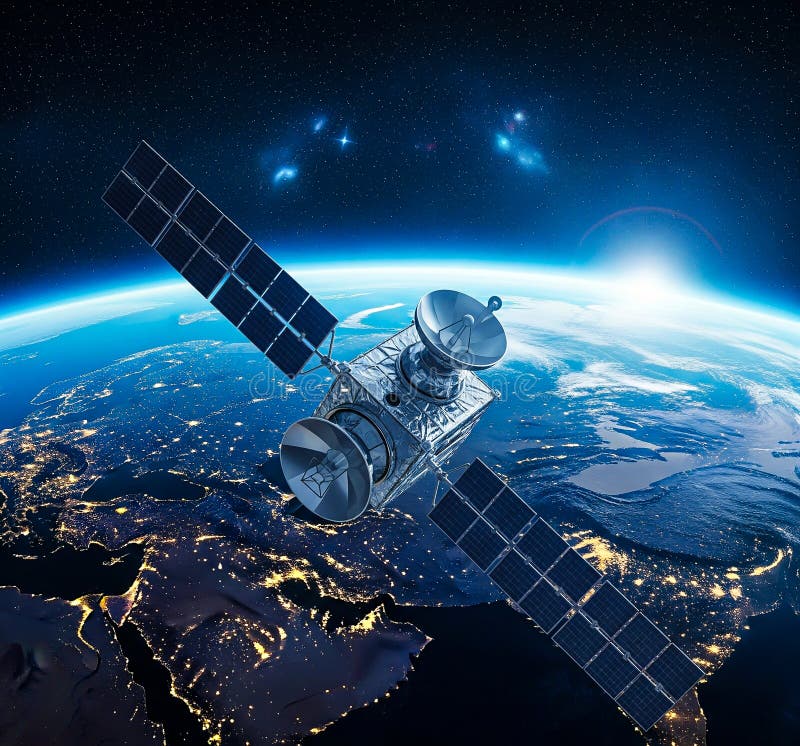 Orbiting Satellite Over Earth at Night with Solar Panels and Antenna. Cargo spaceship on orbit of the Earth planet. Dark space. Elements of this image furnished by NASA. 3D VFX graphics of satellite attacking another satellite with laser weapon in space on Earth planet orbit. Nuclear war and armed aggression. Escalation of geopolitical rivalry and arms race in cosmos. A high-tech satellite equipped with solar panels and a communication antenna orbits the Earth, capturing a stunning view of the planet below. The image showcases the illuminated cities and oceans against the dark expanse of space, highlighting themes of technology, exploration, and global connectivity. This visually striking scene is perfect for use in aerospace industry promotions, educational materials, or as a backdrop for content related to space exploration and innovation. Generative Ai. satellite, technology, science, earth, global, communication, astronomy, galaxy, connection, outer space, cosmos, exploration, orbit, star, universe, astronaut, planet earth, spaceship, global communications, space, planet, system, night, sun, sky, environment, futuristic, innovation, networking, progress, solar, orbiting, station, datum, globalization, international, internet, moon, navigation, panel, research, shuttle, abstract, business, module, spacecraft, blue, atmosphere, cargo, concepts, discovery, engineering, flight, freedom, future, glowing, japan, mission, nebula, outer, render, sharing, ship, social media, speed, transportation, agency, downloading, milky way, natural disaster, radio, rocket, telescope, computer graphic, convenience, light, mars, new, sunlight, radar, canada, celestial, cloud computing, connectivity, creation, deep, distant, dusk, efficiency, flare, flying, globe, horizon, imagination, infinity, laboratory, large, listening, machinery, map, military, monitoring, mystery, perspective, position, ray, remote, searching, shiny, signal, sphere, spy, steel, stunning, sunbeam, surveillance, survey, telephone, three-dimensional, usa, war, watching, way, weather, wireless, world map, broadcasting, copy space, distance, express, frequency, galactic, gravity, insight, jupiter, looking, meteor, microwave, mirror, motion, paranormal, revolution, star shape, telecom, tower, army, battery, craft, industry. Graphics way stock images, royalty-free photos and pictures