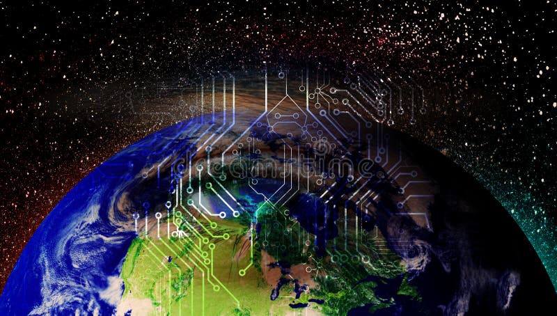 Orbits of global information. digital data orbits. world network technology. technology communication. royalty free illustration