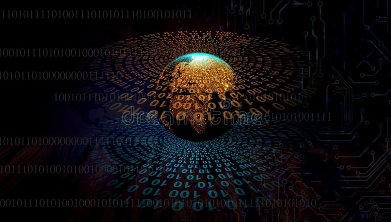 Orbits of global information. digital blue data orbits. world network technology. technology communication. stock illustration