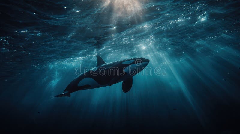 Orca swimming gracefully beneath Arctic ice, illuminated by filtered blue light, showcasing the beauty of marine wildlife in a royalty free stock photography