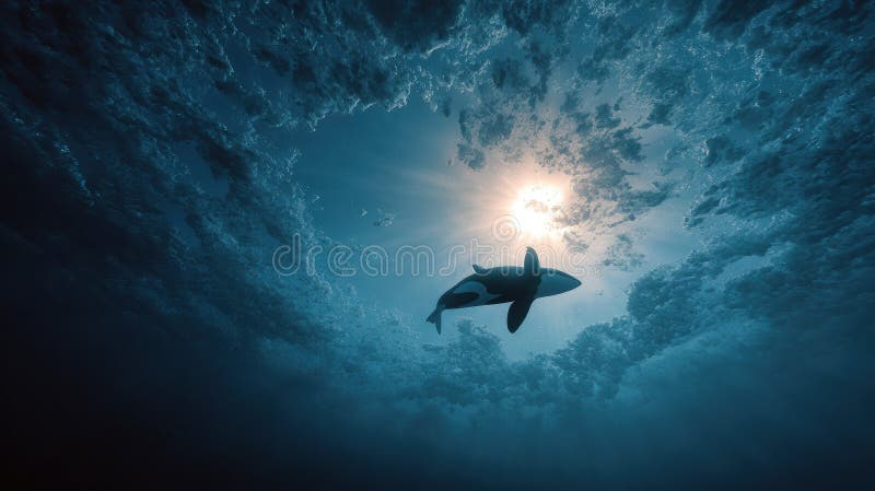 Orca swimming beneath Arctic ice with sunlight filtering through water, showcasing marine life in a cold, deep blue environment royalty free stock image