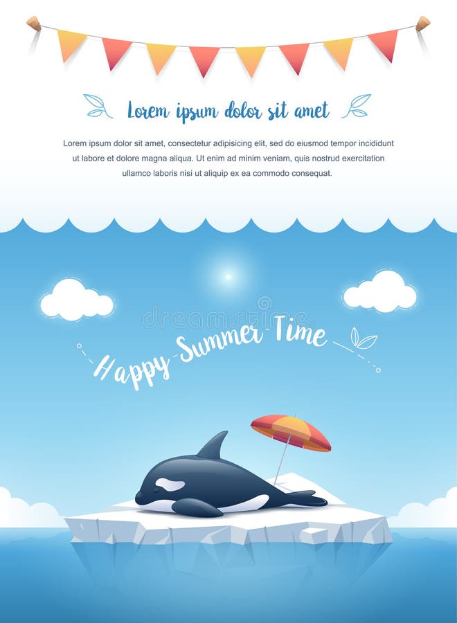 Orca o orca que duerme en el iceberg con con un mensaje de texto y cintas colgantes en las nubes en el top Ilustración del vector stock de ilustración Orca o orca que duerme en el iceberg con con un mensaje de texto y cintas colgantes en las nubes en el top Ilustración del vector stock de ilustración