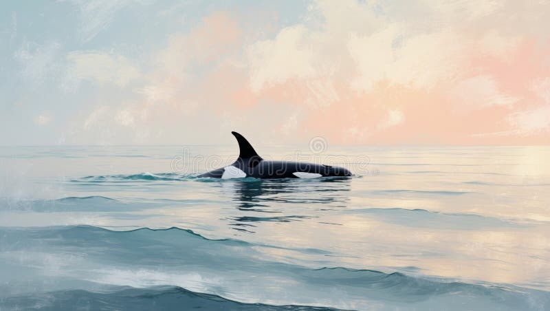 Orca Swimming in Ocean at Sunrise with Pastel Colors in Impressionistic Style. stock photos