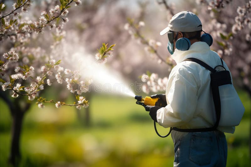 Orchard Worker Applying Insecticide To Protect Fruit Trees Blossoming Orchard Worker Applying Insecticide To Protect Fruit Trees Blossoming