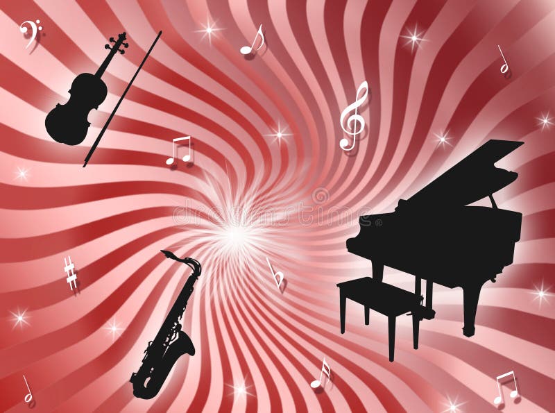 Sunburst background with musical instruments, notes and stars. Sunburst background with musical instruments, notes and stars