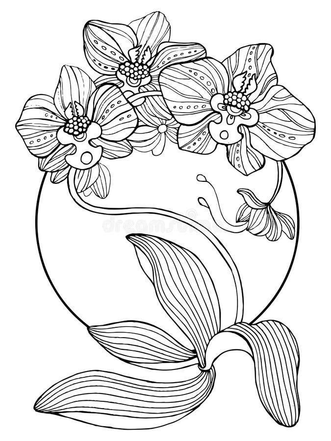 Hand drawn vector ink orchid flowers and branches, monochrome, detailed  outline. Composition with crystal form. Viva magenta color. Design for wall  art, wedding, print, tattoo, cover, card. 20151014 Vector Art at Vecteezy