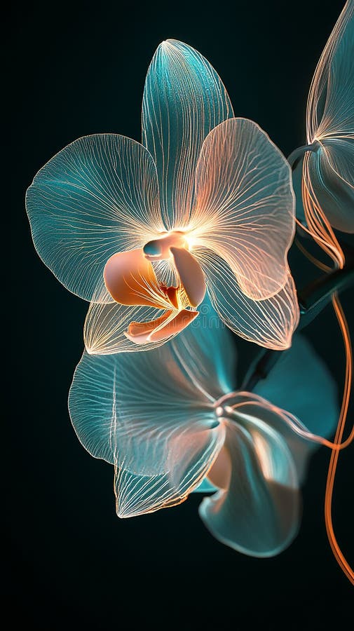 Orchid with intricate glowing filaments, set against a soft gradient background, highlighting its delicate beauty and luminous details.