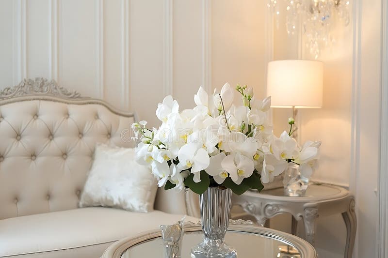 Orchidee bianche eleganti in vaso d'argento sulla tavola di Ornate in Lusso Interno illustrazione vettoriale