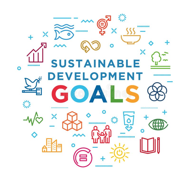 Ordbanderoll för företagens sociala ansvar. mål för hållbar utveckling. sdg-skyltar. infografik med linjära ikoner på stock illustrationer