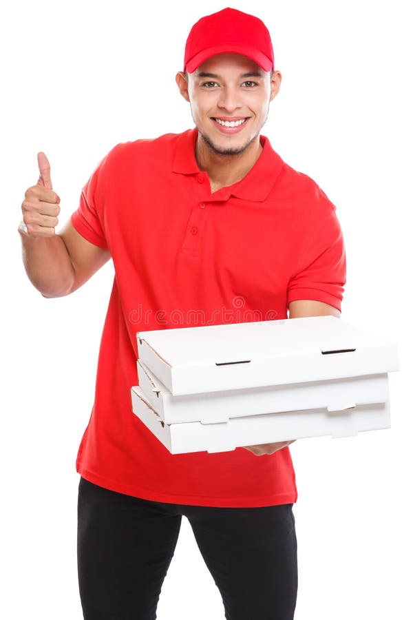 A ordem do menino do latino da entrega da pizza que entrega o trabalho de sorriso bem sucedido do sucesso entrega a caixa isolada
