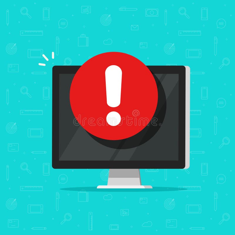 Ordenador con la alarma o el icono alerta del vector de la muestra, exhibición plana de la PC con la muestra de la exclamación, c stock de ilustración Ordenador con la alarma o el icono alerta del vector de la muestra, exhibición plana de la PC con la muestra de la exclamación, c stock de ilustración