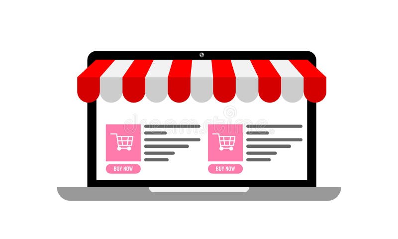 Ordenador portátil con el toldo y sitio de comercio electrónico en línea con los iconos del carro de la compra en él Ejemplo libre illustration Ordenador portátil con el toldo y sitio de comercio electrónico en línea con los iconos del carro de la compra en él Ejemplo libre illustration