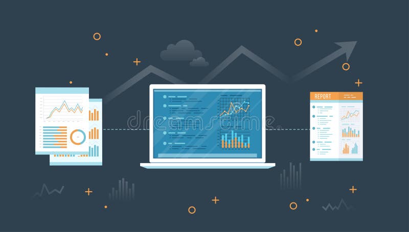 Ordenador portátil con los documentos e informe Información con los gráficos y los gráficos en la pantalla Información que audita stock de ilustración Ordenador portátil con los documentos e informe Información con los gráficos y los gráficos en la pantalla Información que audita stock de ilustración