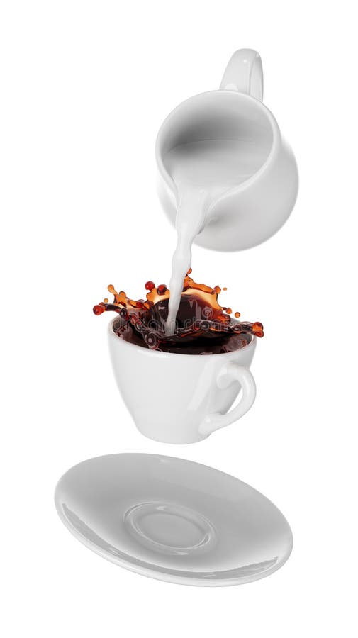 Ordenhe o derramamento na xícara de café pequena Fundo branco ilustração royalty free Ordenhe o derramamento na xícara de café pequena Fundo branco ilustração royalty free