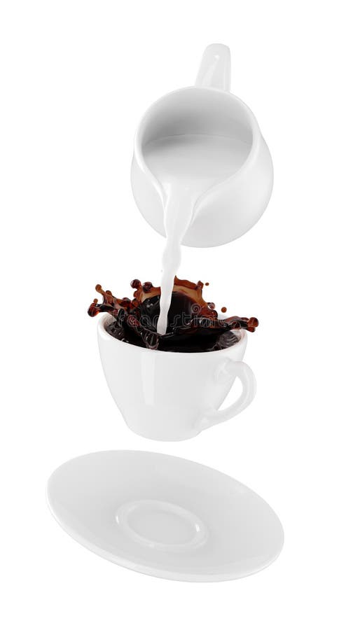 Ordenhe o derramamento na xícara de café pequena Fundo branco isolado ilustração royalty free Ordenhe o derramamento na xícara de café pequena Fundo branco isolado ilustração royalty free