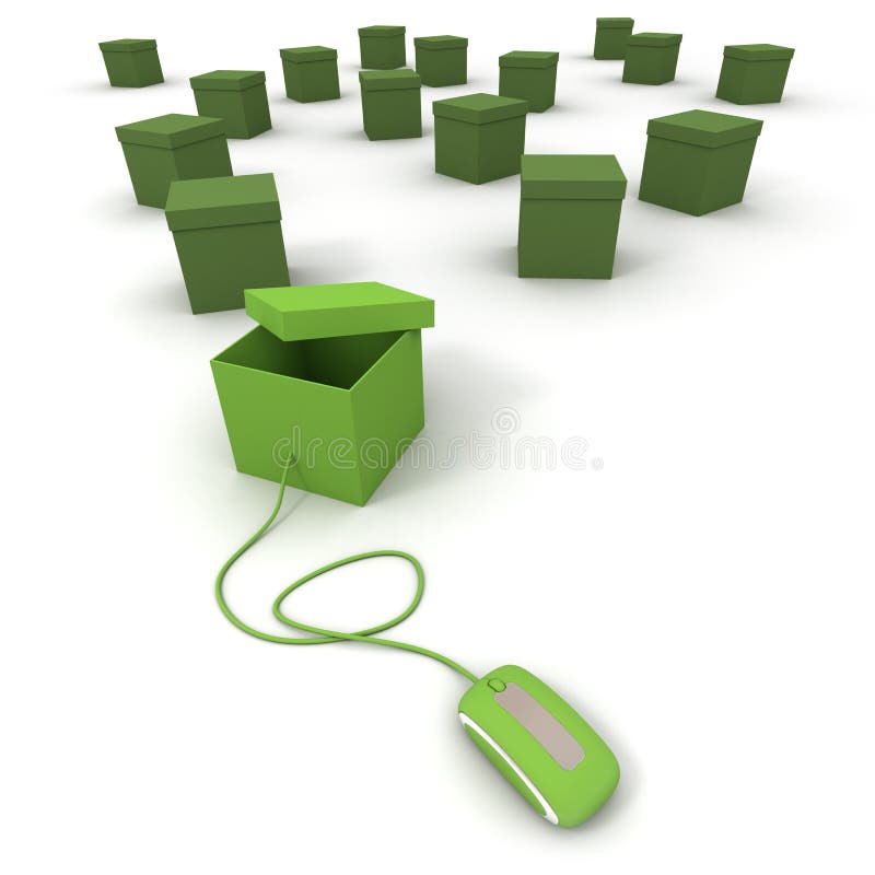 3D rendering of lots of green boxes, one of them connected to a mouse. 3D rendering of lots of green boxes, one of them connected to a mouse