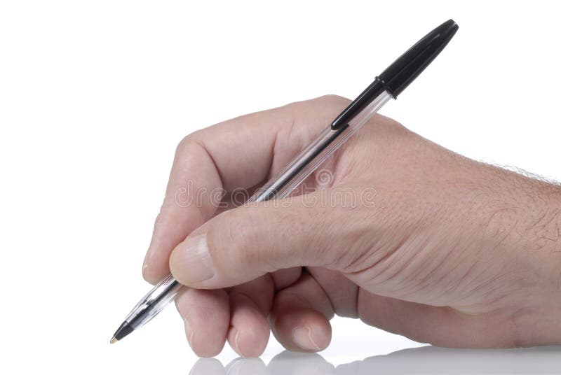 Businessman writing or signing with ballpoint pen, isolated on white background