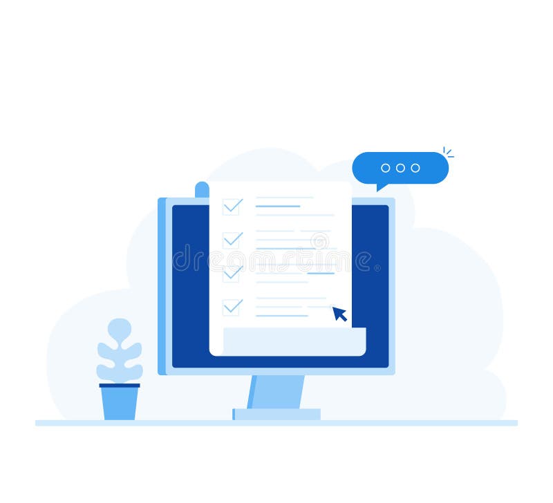 Ordinateur et liste de contrôle, moniteur de PC avec le long document sur papier et pour faire la liste illustration libre de droits Ordinateur et liste de contrôle, moniteur de PC avec le long document sur papier et pour faire la liste illustration libre de droits