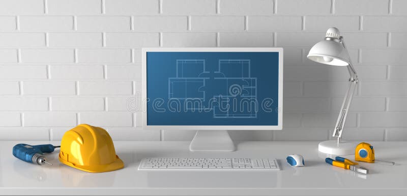 Ordinateur, lampe de table, casque et outils de construction sur un fond photo libre de droits Ordinateur, lampe de table, casque et outils de construction sur un fond photo libre de droits