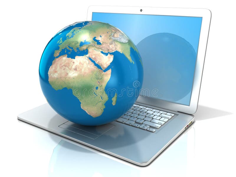 Ordinateur portable avec l'illustration du globe de la terre, de la vue de l'Europe et de l'Afrique illustration stock Ordinateur portable avec l'illustration du globe de la terre, de la vue de l'Europe et de l'Afrique illustration stock