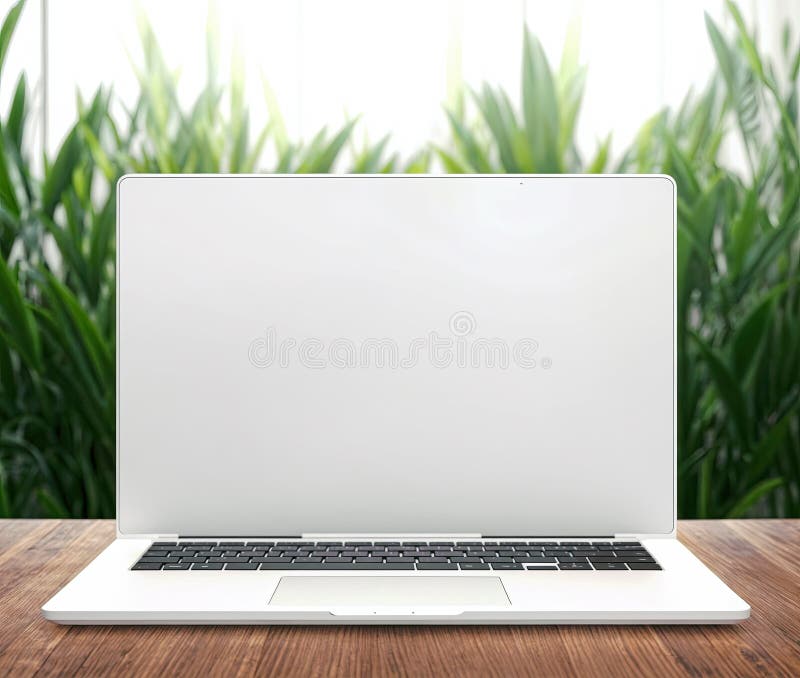 Ordinateur portable avec écran blanc sur table en bois devant des plantes vertes. Un ordinateur portable moderne à écran blanc est installé sur une élégante table en bois au milieu de plantes vertes. les lignes épurées et les tons neutres de l'ordinateur portable complètent les éléments naturels créant une atmosphère sereine parfaite pour le travail ou le jeu.
