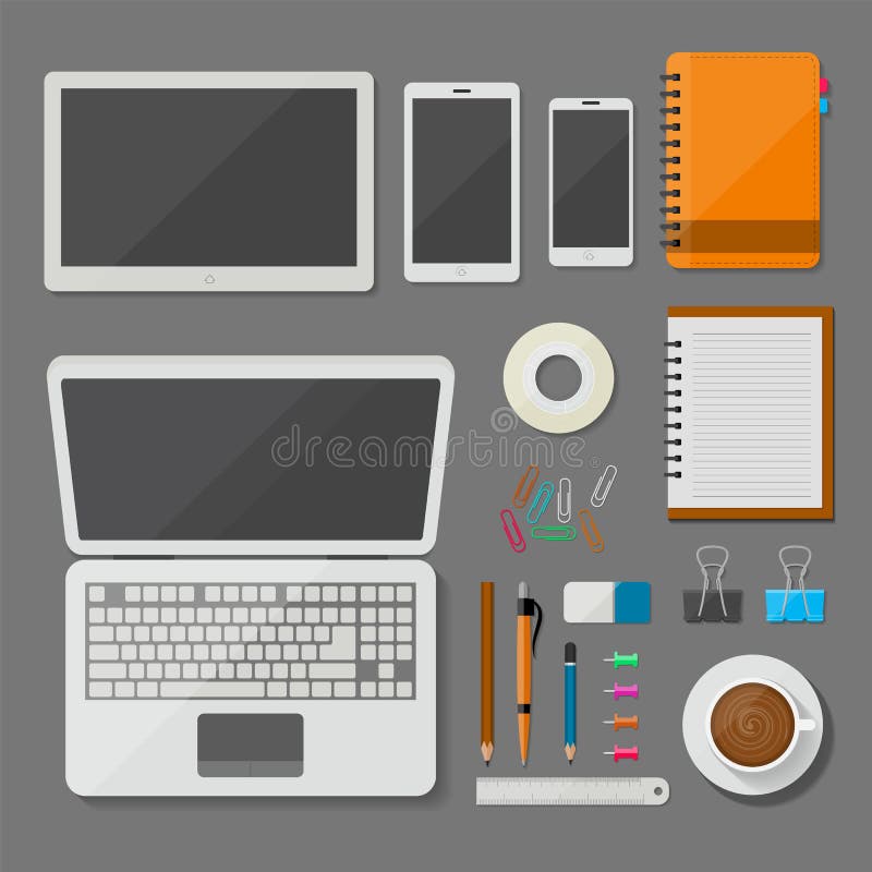 Ordinateur portable, comprimé, smartphone, et lieu de travail de vue supérieure avec des articles de bureau et la conception de v illustration stock Ordinateur portable, comprimé, smartphone, et lieu de travail de vue supérieure avec des articles de bureau et la conception de v illustration stock