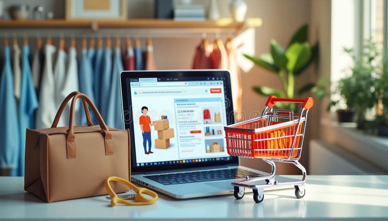 Ordinateur portable montrant site e-commerce avec panier et emballage de livraison dans une boutique de mode illustration libre de droits