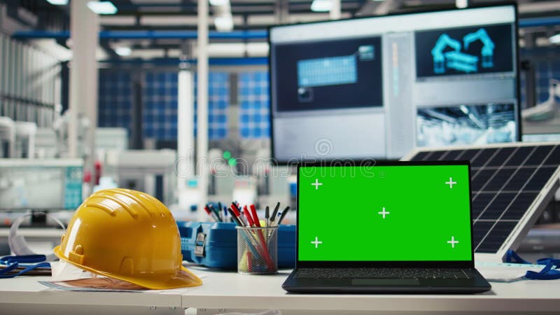 Ordinateur portable à écran vert utilisé pour régler les paramètres du système d'usine photovoltaïque clips vidéos