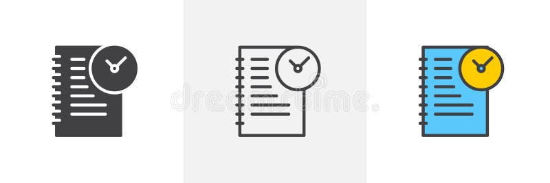 Agenda with clock icon. Line, glyph and filled outline colorful version, Time management outline and filled vector sign. Symbol, logo illustration. Different style icons set. Vector graphics. Agenda with clock icon. Line, glyph and filled outline colorful version, Time management outline and filled vector sign. Symbol, logo illustration. Different style icons set. Vector graphics