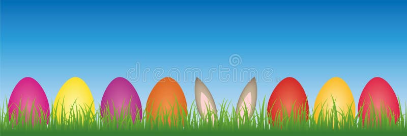 Orecchie della lepre nel prato fra le uova di Pasqua variopinte royalty illustrazione gratis Orecchie della lepre nel prato fra le uova di Pasqua variopinte royalty illustrazione gratis