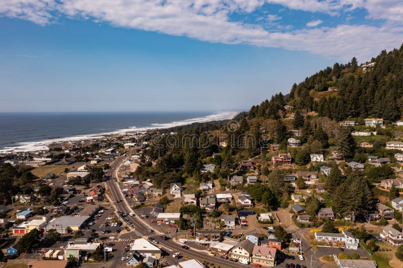 Oregon Coast Highway 101 Winding through Town of Yachats Stock Photo