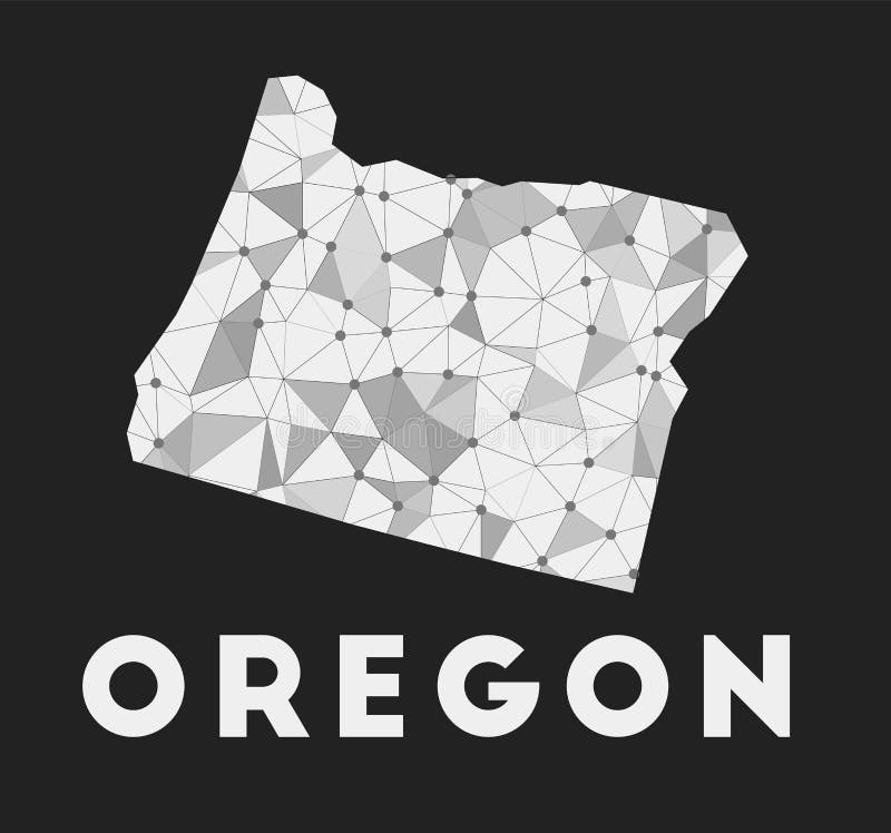 Oregon communication network carte de l'état des états-unis. oregon design géométrique tendance sur fond sombre. technologie internet réseau télécommunication concept. illustration vectorielle.
