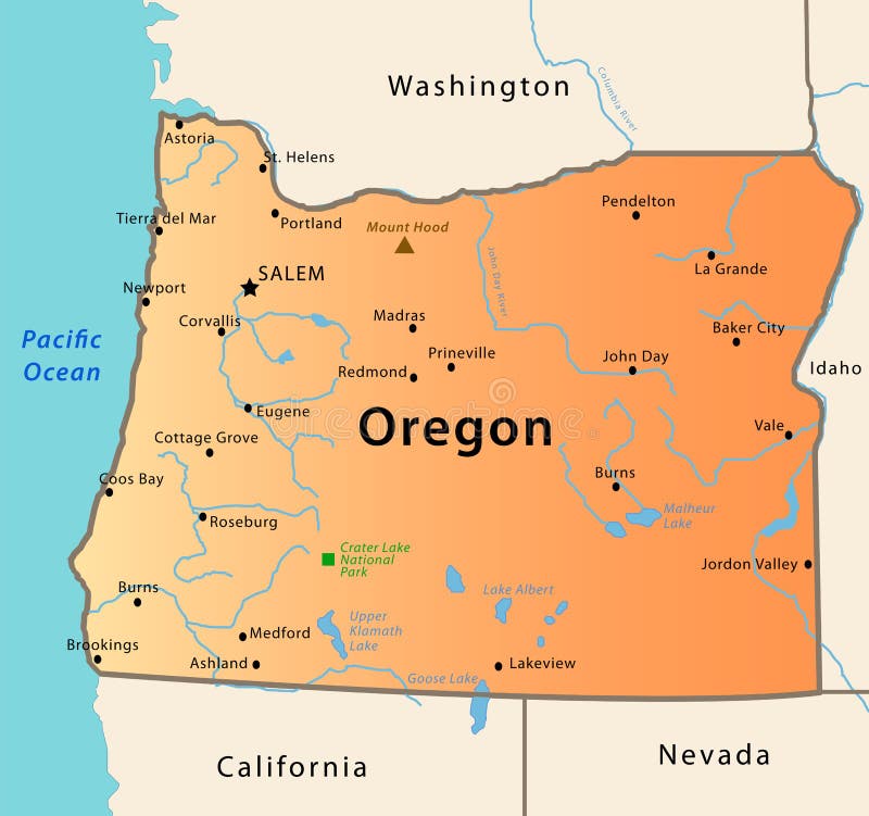 Illustration of the map of Oregon, USA. The brown Triangle indicates the highest mountain, while the green square the National Park. Illustration of the map of Oregon, USA. The brown Triangle indicates the highest mountain, while the green square the National Park.